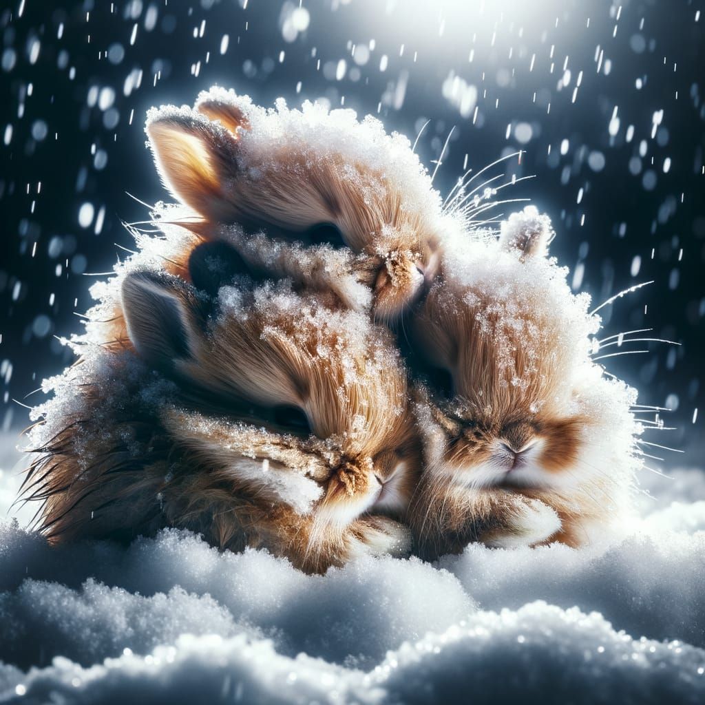Cute Fluffy Bunnies Snuggled in Snowy Serenity
