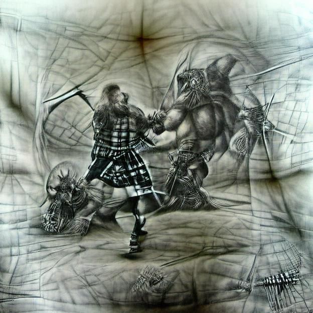 Celtic Warrior Battles Viking Hordes: Sinister Charcoal Draw...