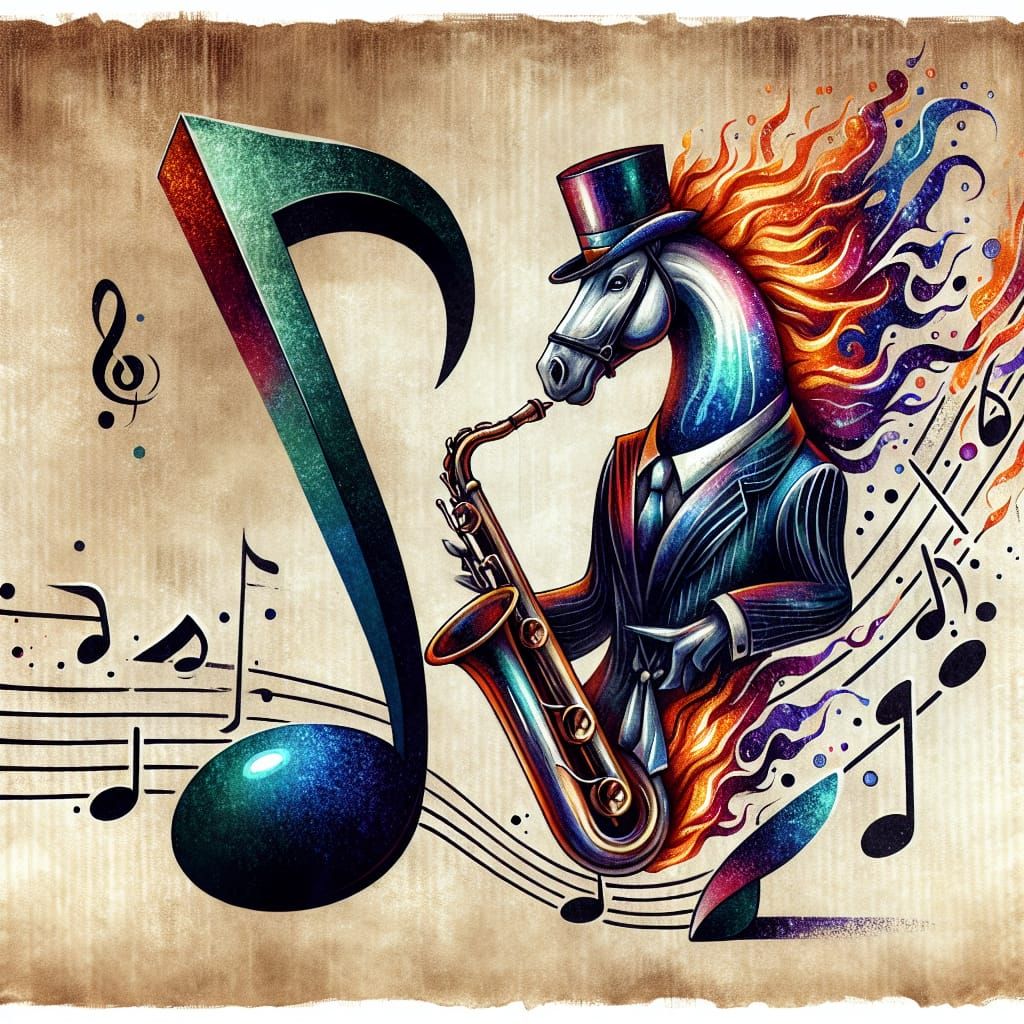 Fire Horse in Zoot Suit Plays Saxophone Watercolor