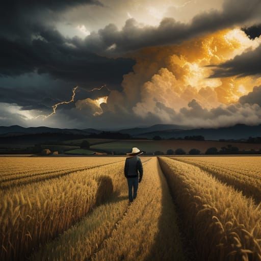 Golden Hour Wheat Field in a Stormy Sky