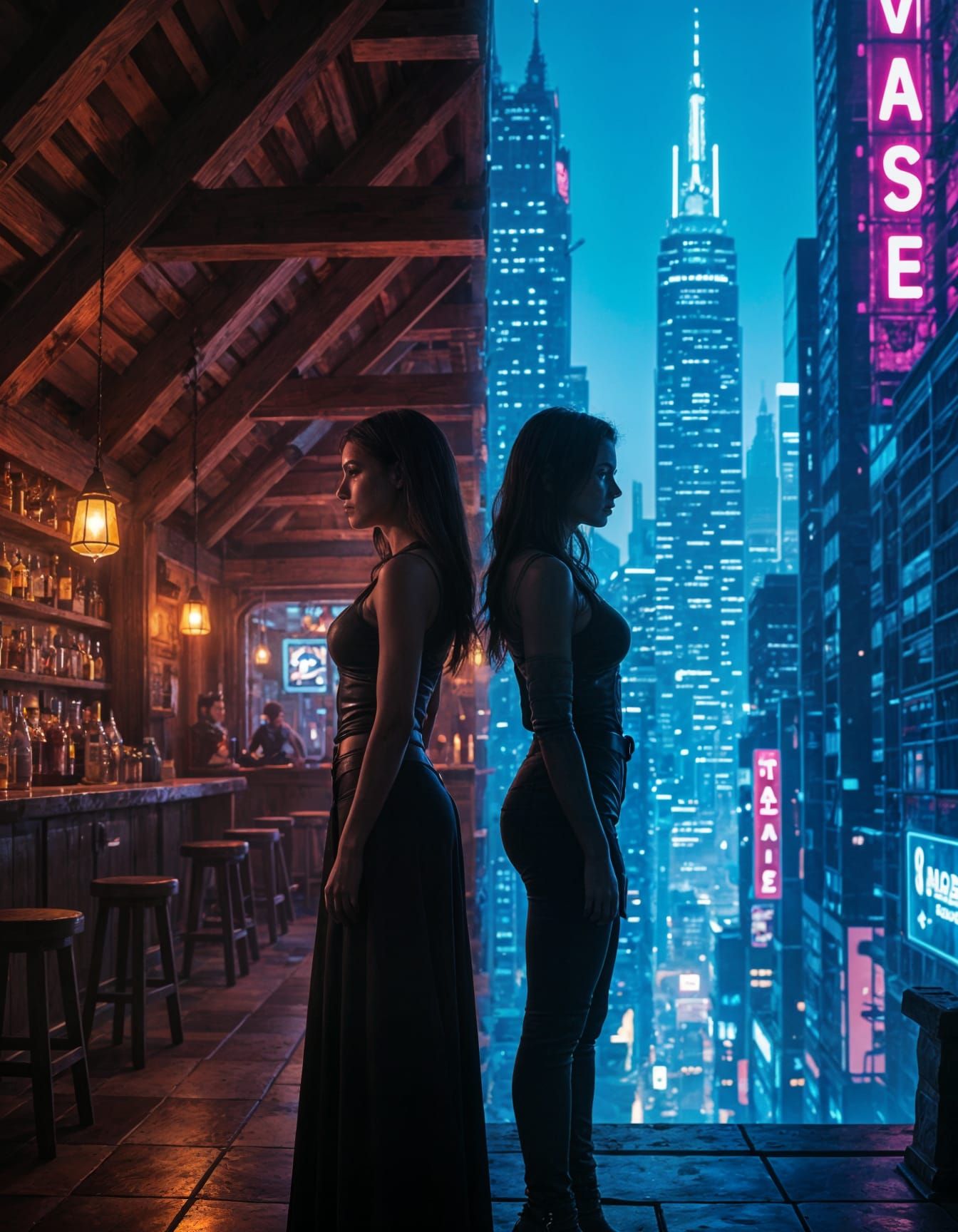 Two woman standing back to back Half of the background is a ...