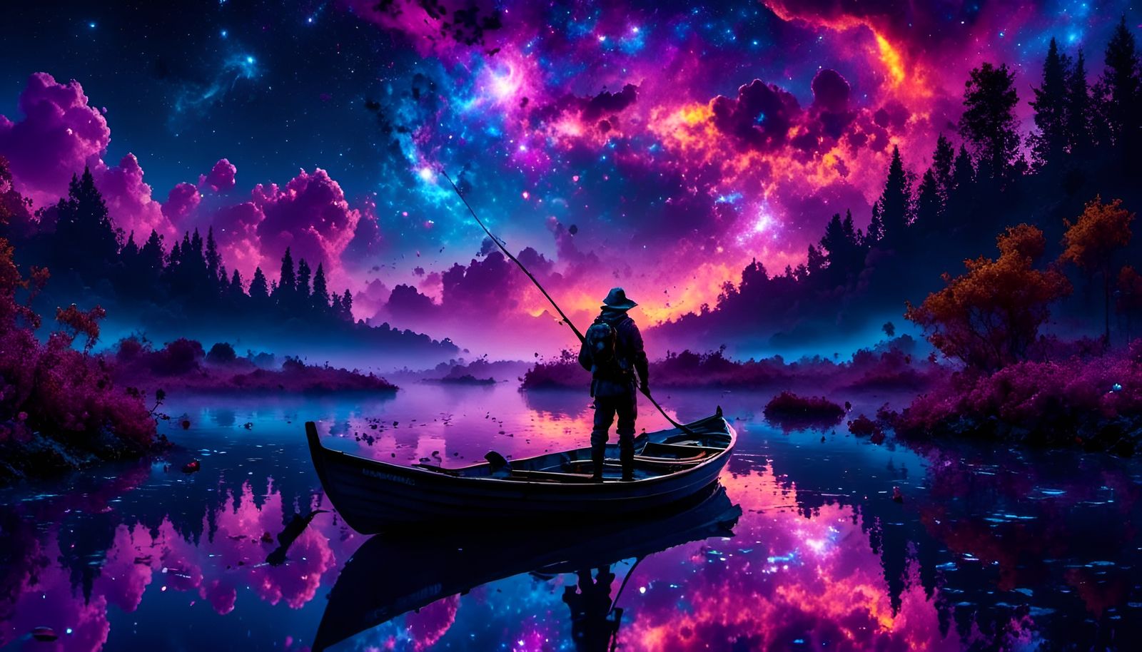 Fisherman Gazing at Vibrant Galaxy in Fantasy Landscape