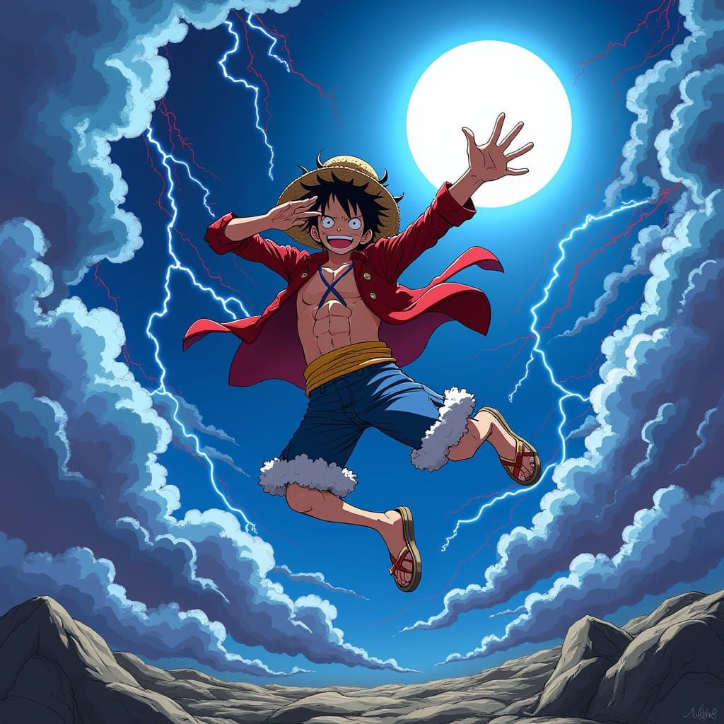 An Anime-Inspired One Piece Hero Soars Under Full Moon