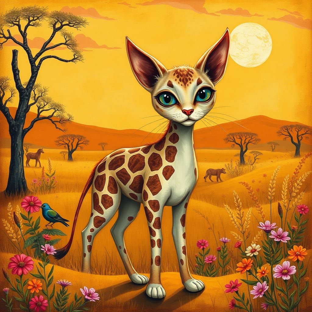 Whimsical Savannah Cat-Giraffe in Vibrant, Expressive Style