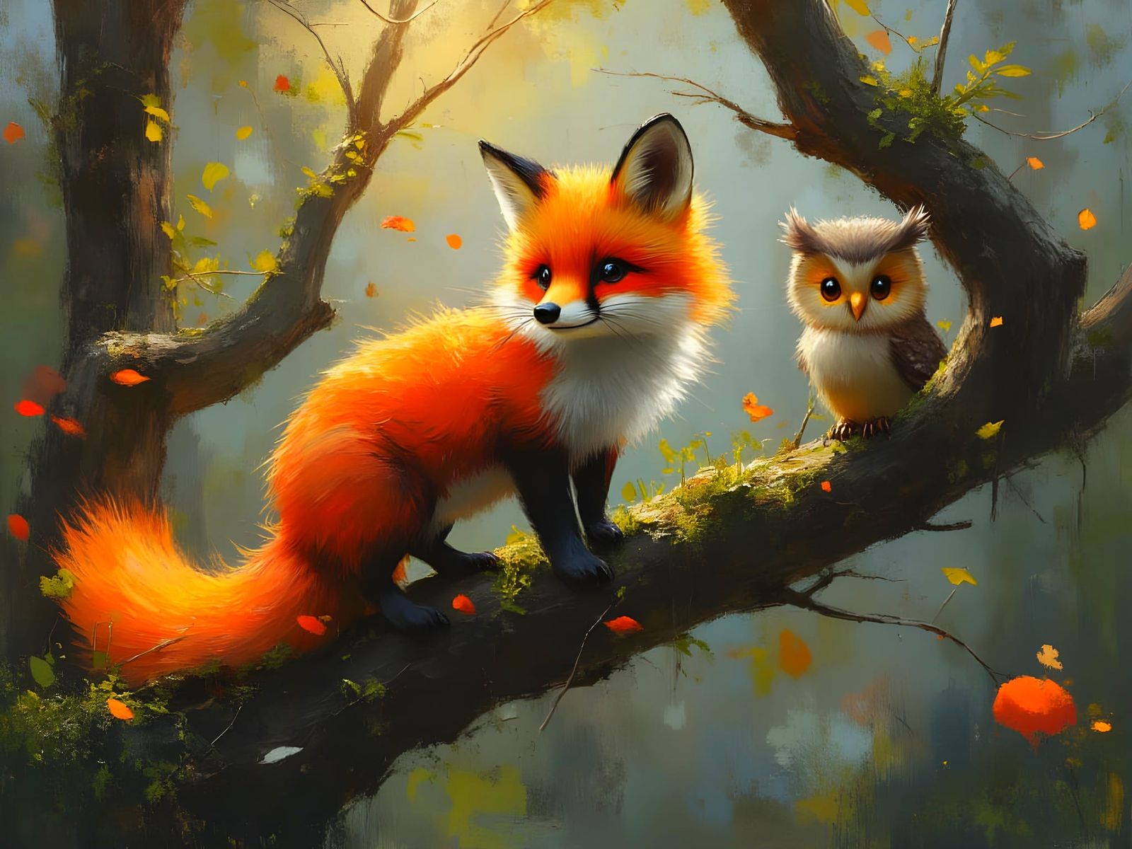 Fairytale Forest Scene with Fox and Owl as Digital Art