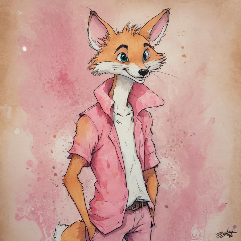 Anthropomorphic Pink Fox in Don Bluth Furry Style