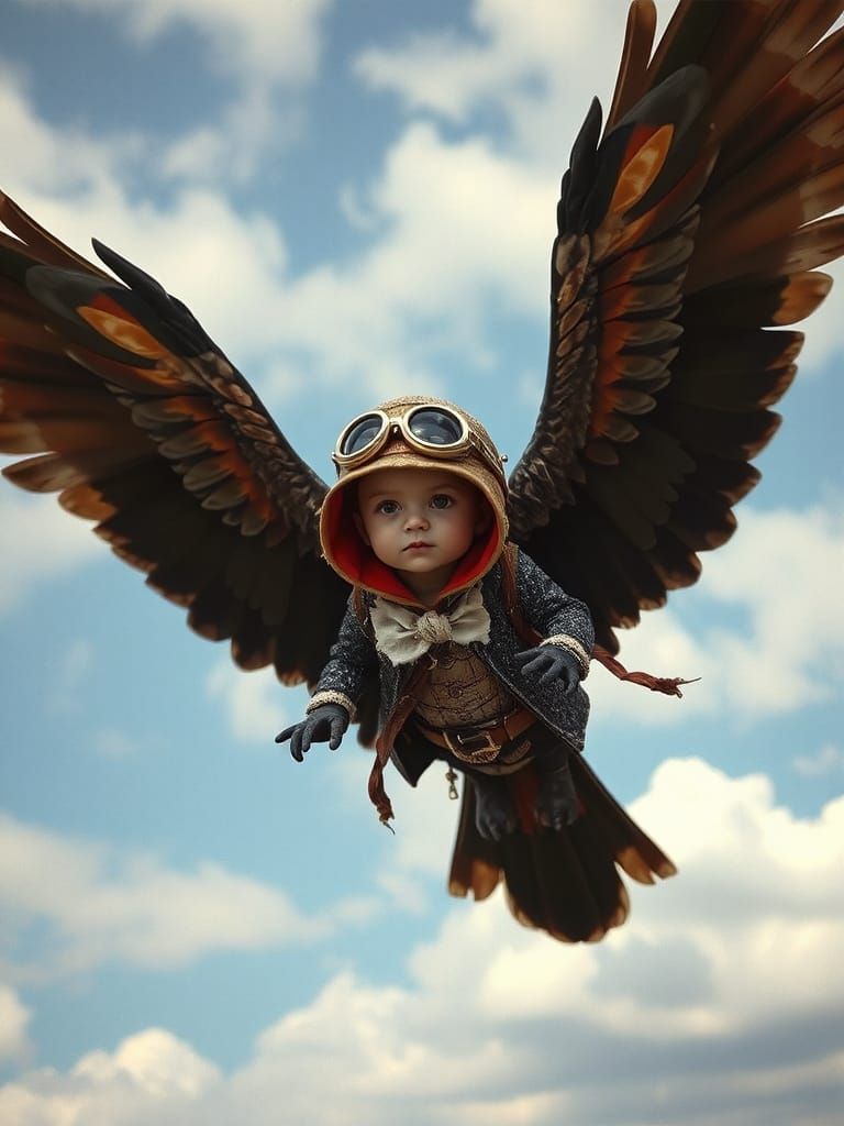 Avian Explorer Soaring Skyward in Mixed Media Style