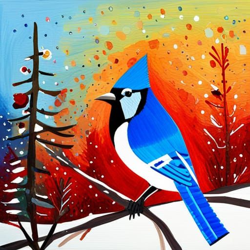 Blue Jay and Cardinal in Gouache Winter Scene