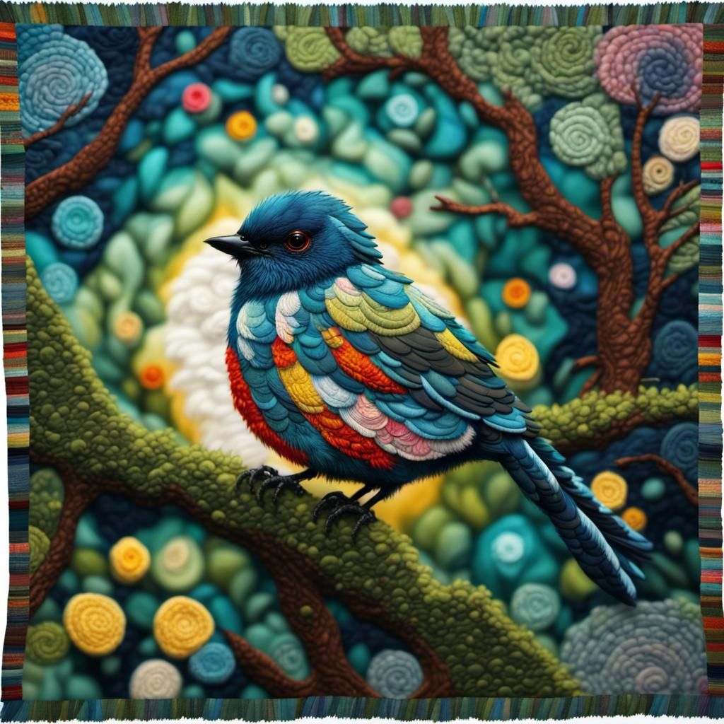 Embroidered Bird on Mossy Branch Tapestry