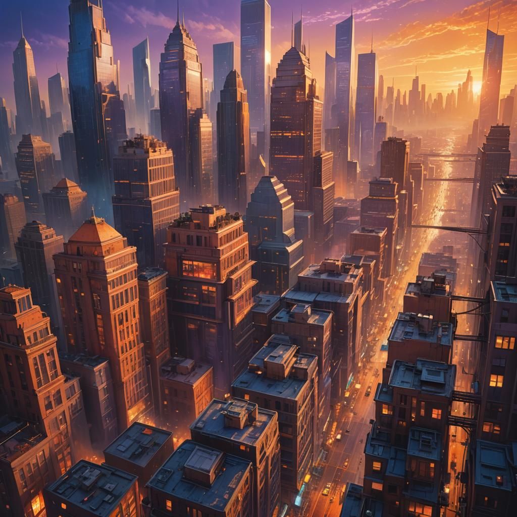 Futuristic Cityscape at Sunset in Detailed Matte Painting