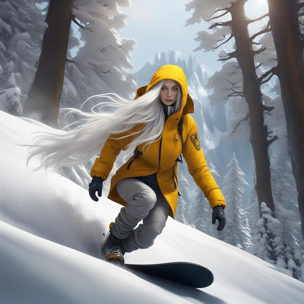 Snowboarding Woman in Yellow Parka: Fantasy Concept Art