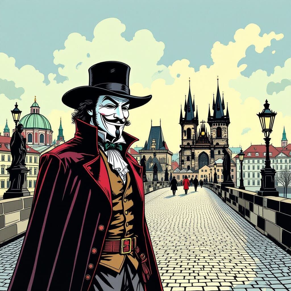 Guy Fawkes on Charles Bridge as Comic Art