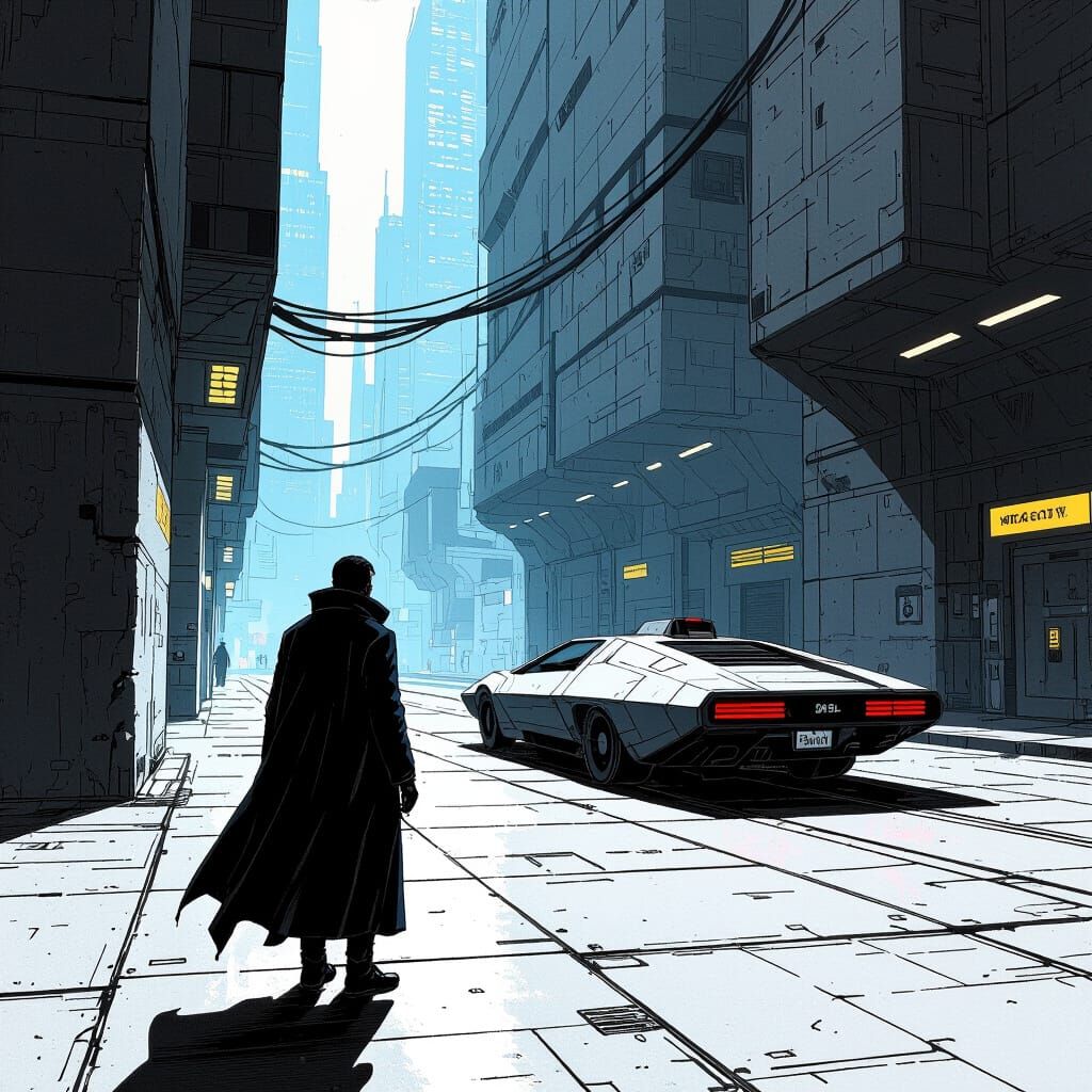 Cyberpunk Runner Comic Page in Moebius & Doré Style