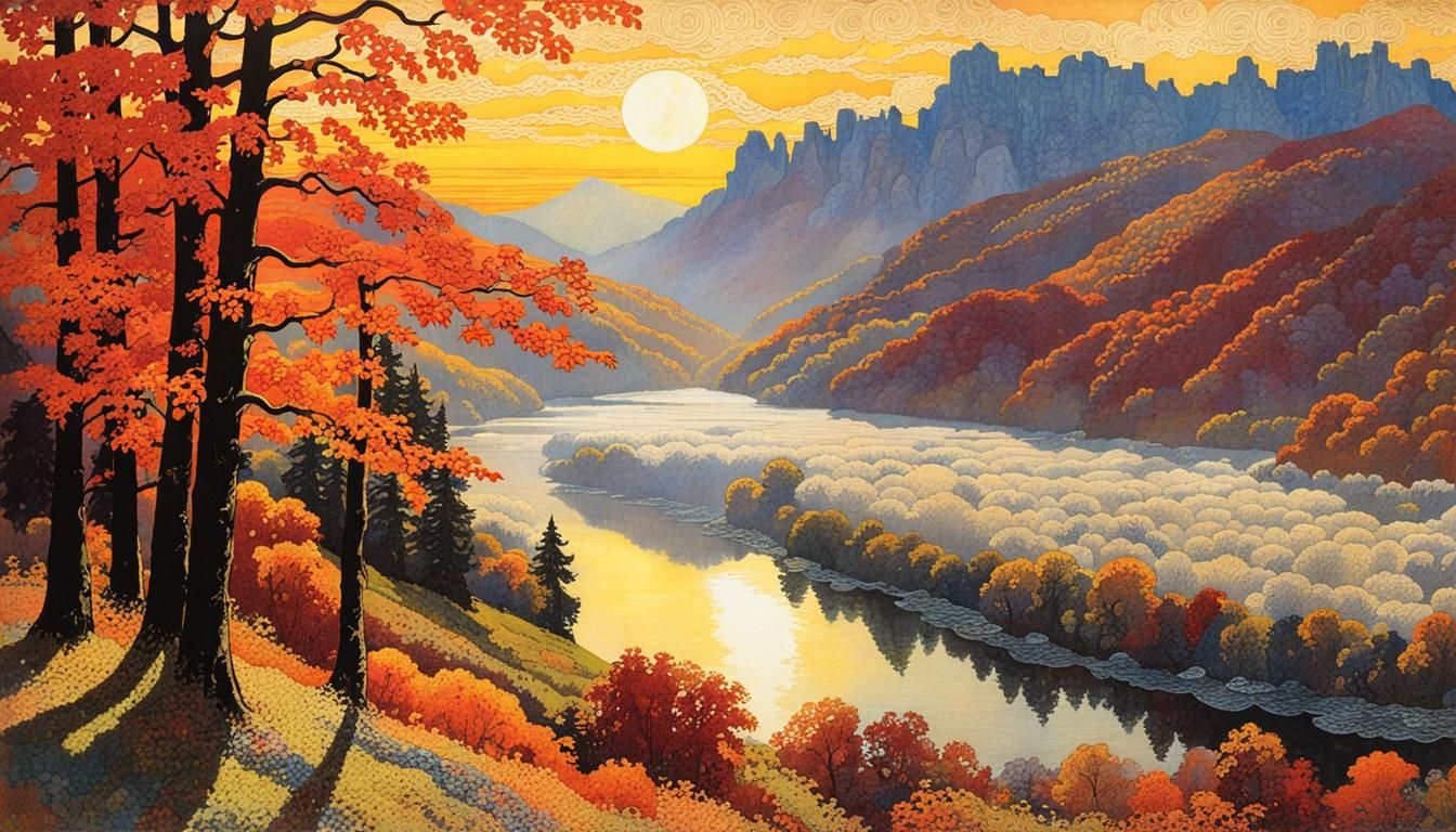 Autumnal Mixed Media Landscape in Art Nouveau Style