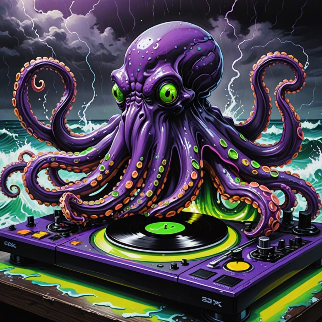 Neon Octopus DJ in Graffiti Pop-Art Style