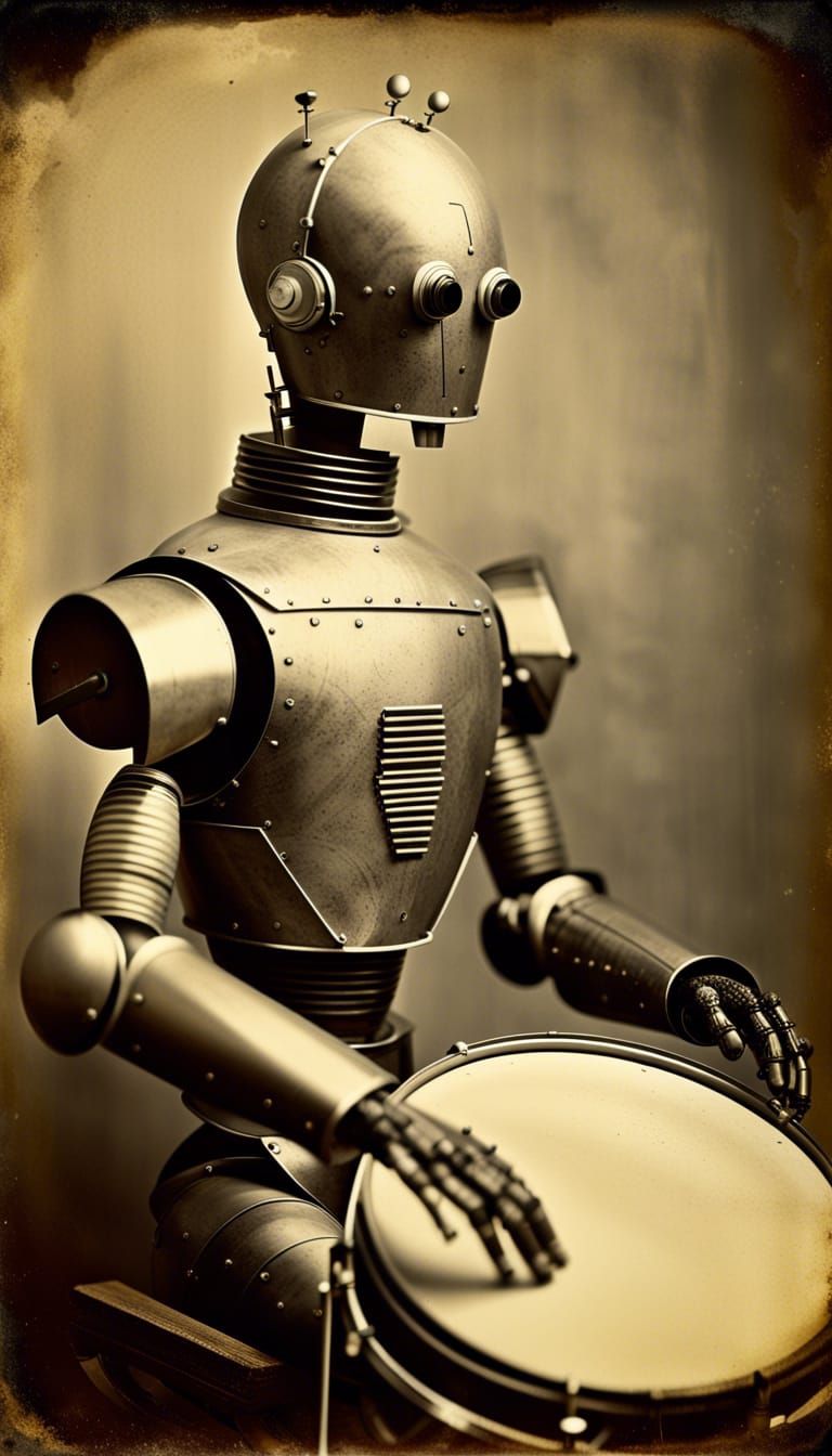 1950s Robot Drummer in Tintype Portrait Style