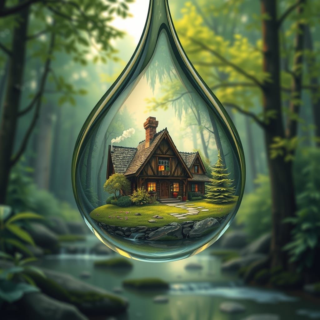 Water Droplet Reflecting Forest Scene in Whimsical Style