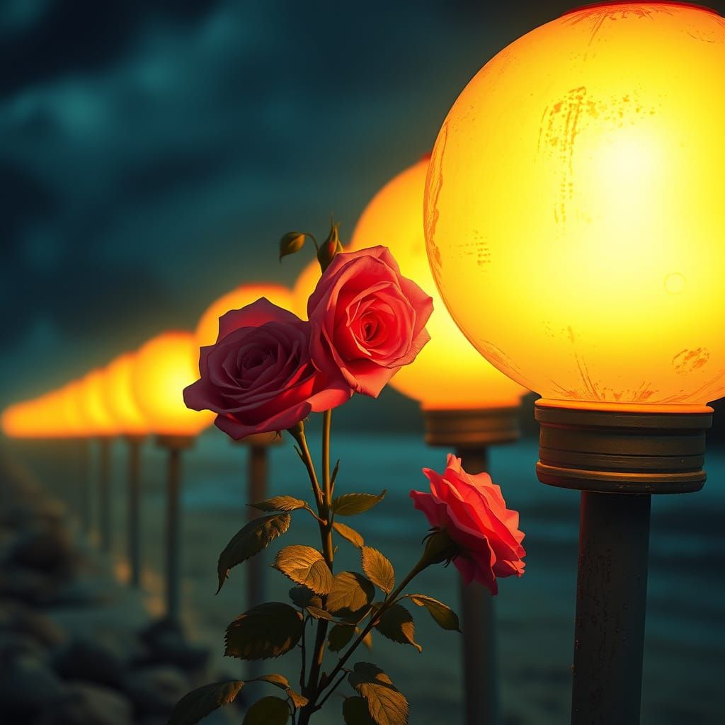 Vibrant Beach Scene with Glowing Lanterns and Dancing Red Ro...