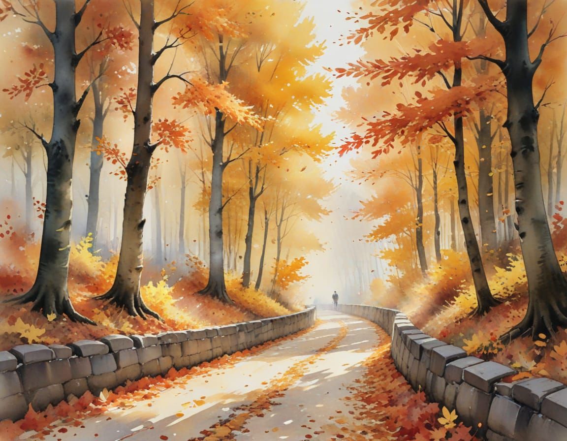 Autumnal Woodland Lane in Watercolor Style