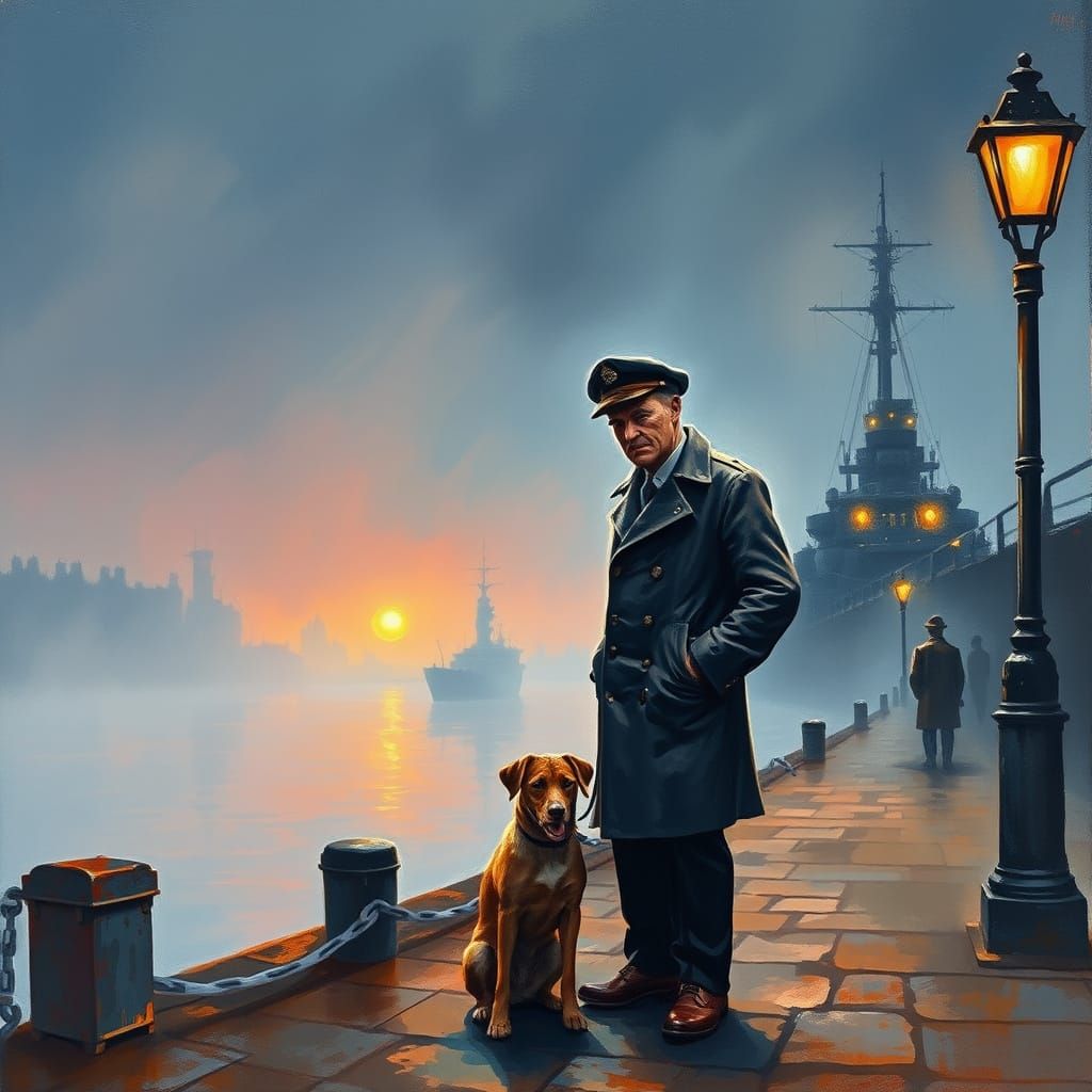 Nostalgic Sailor on Misty Quayside as Gouache Painting