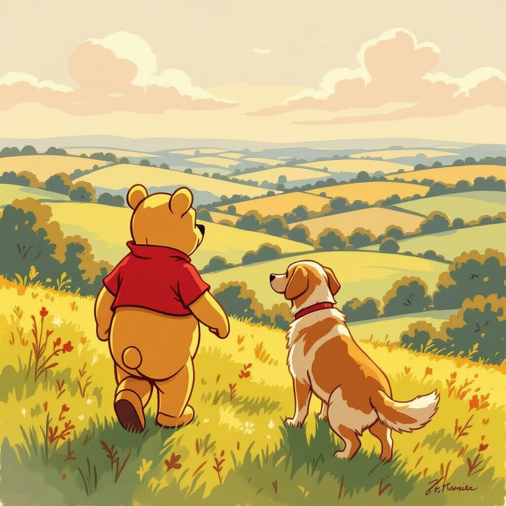 Winnie the Pooh and Labrador on English Countryside Hill