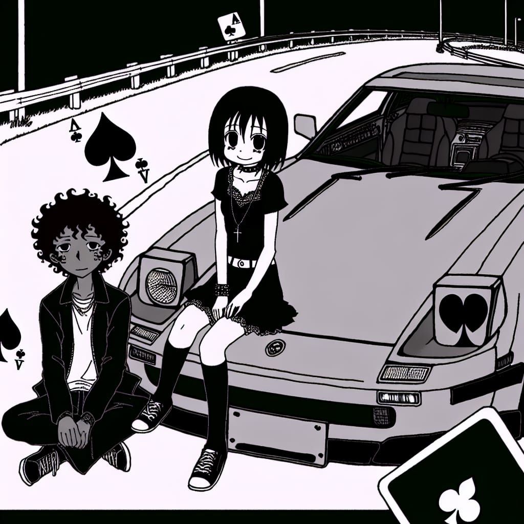 Melancholic Couple on Car Hood in Manga Anime Style