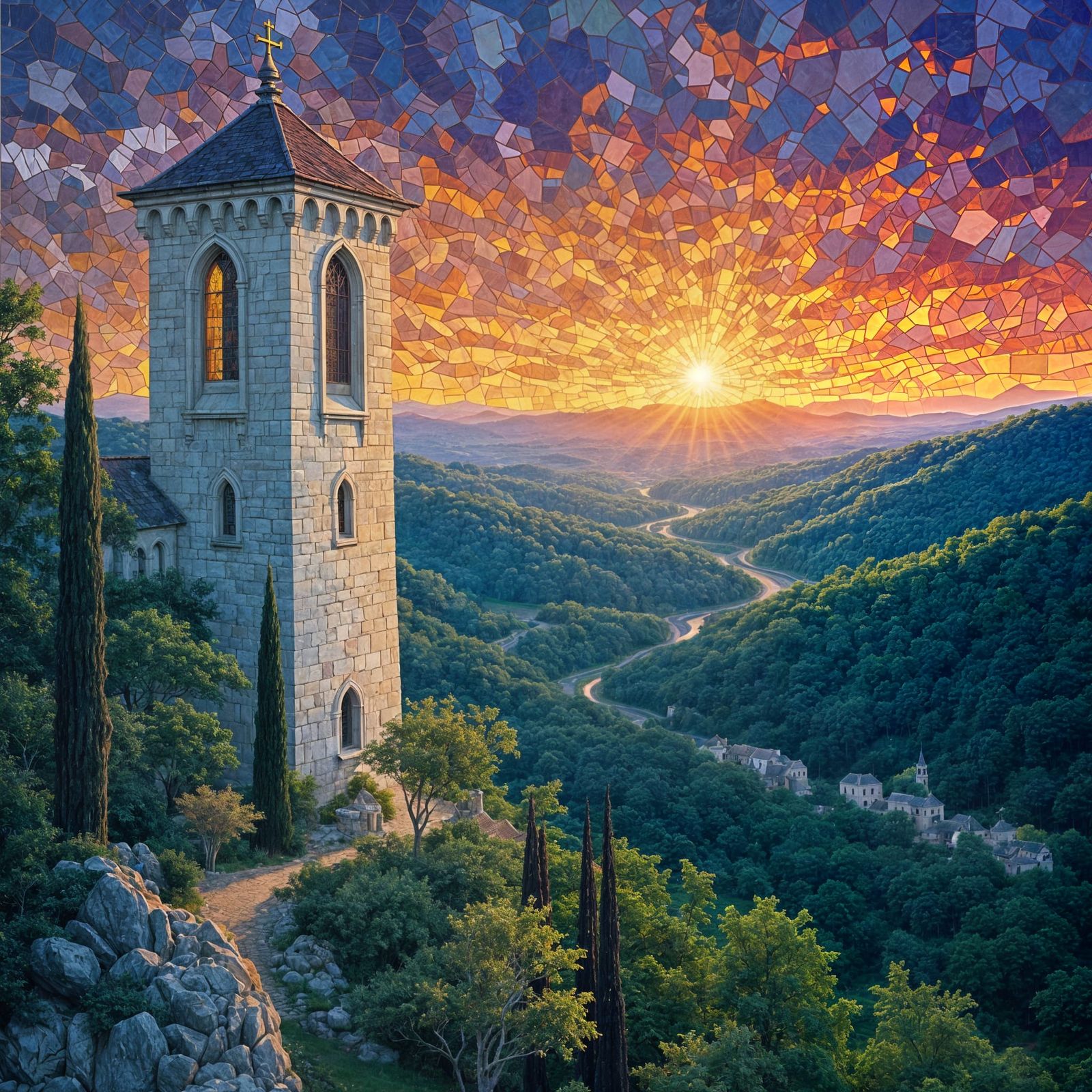 Stained Glass Cathedral Tower in Purple Sunset Light