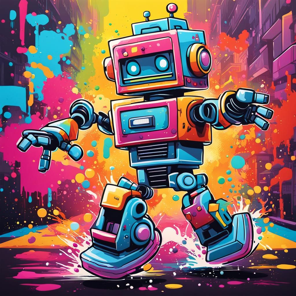Cartoon Robot Dancing to 80s Music in Graffiti Style