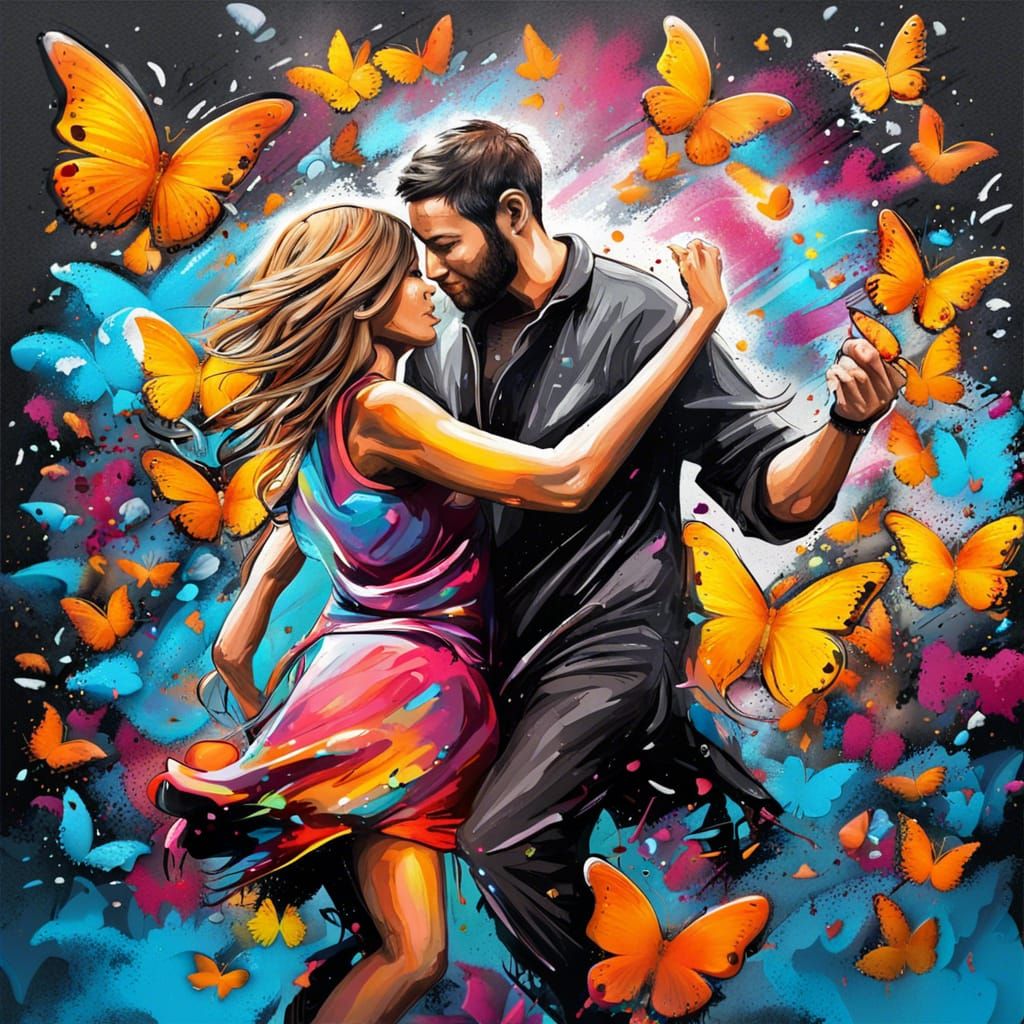 Couple Dancing in Flight of Butterflies: Graffiti Art