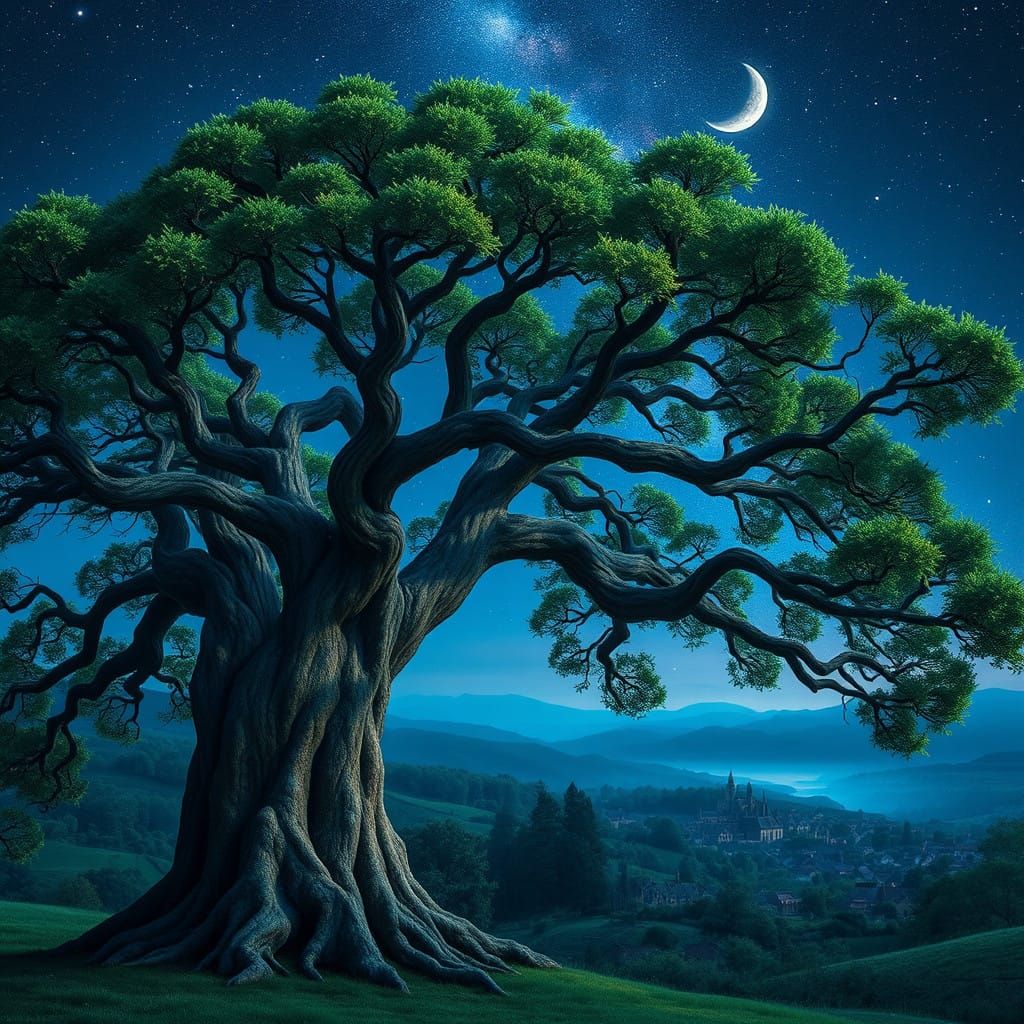 Ethereal Limewood Tree Under Summer Night Sky with Quaint Vi...