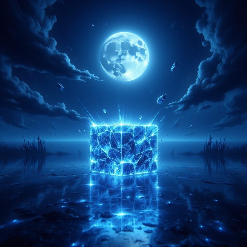 Glowing Blue Rubik's Cube on Lake Under Full Moon