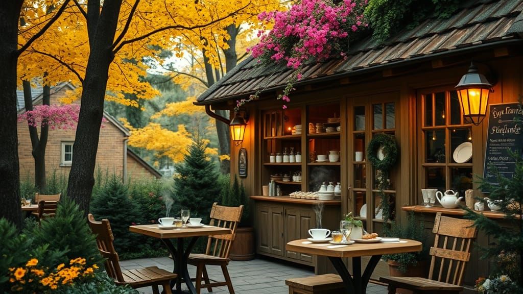 Enchanting Tea Shop in Colorful Forest