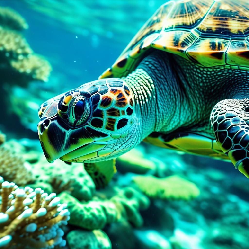 Turtle Swimming Near Coral Reef: Macro Photography
