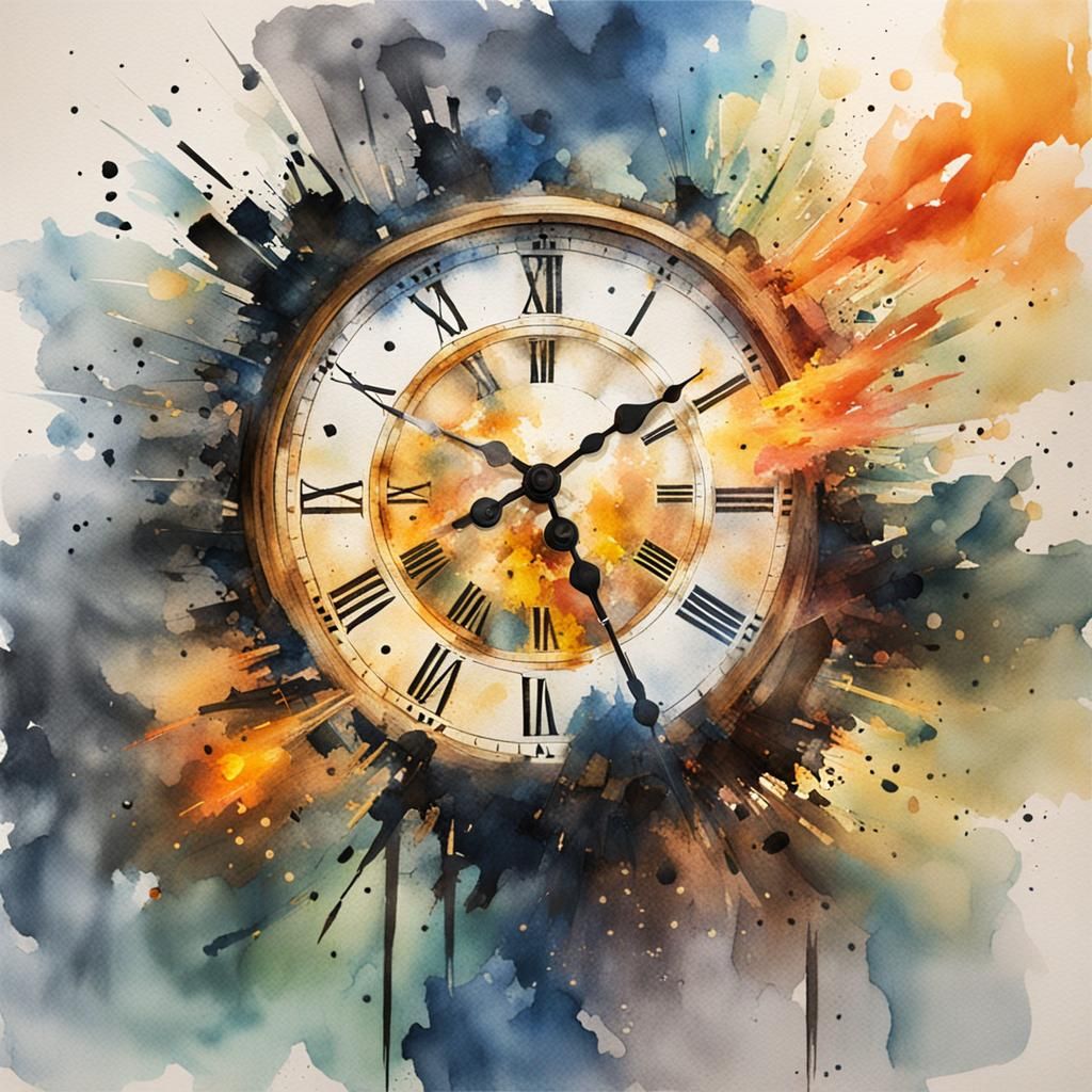 A loosely painted water colour  of A clock face in sections ...