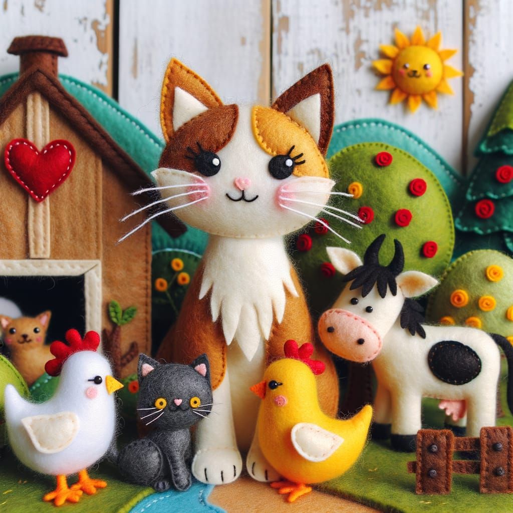 Felted Cat and Animal Friends on Cozy Farm