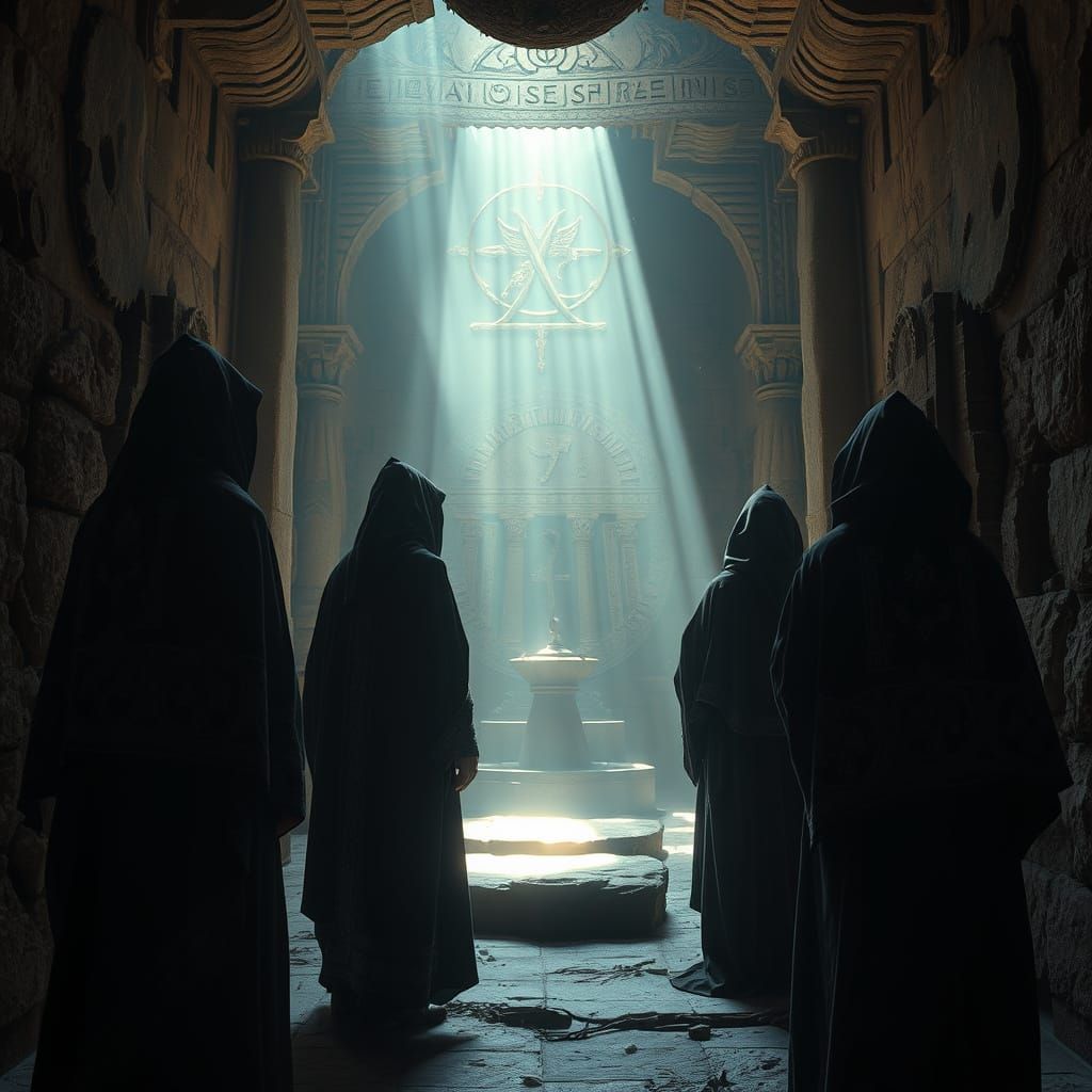 Mysterious Figures in Ancient Stone Chamber, Ethereal Glow