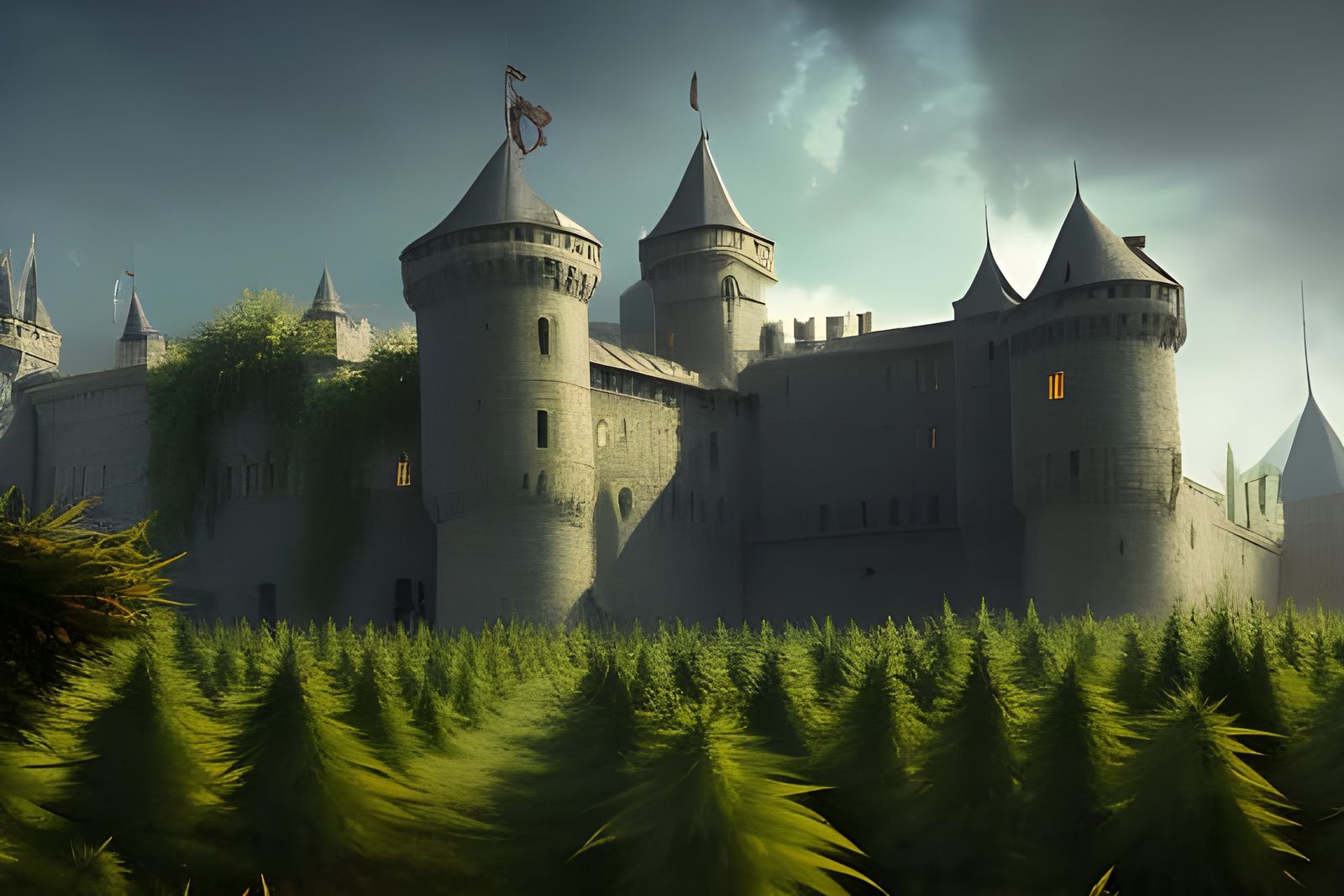 Medieval Castle Amidst Cannabis Field: Hyperdetailed Concept...