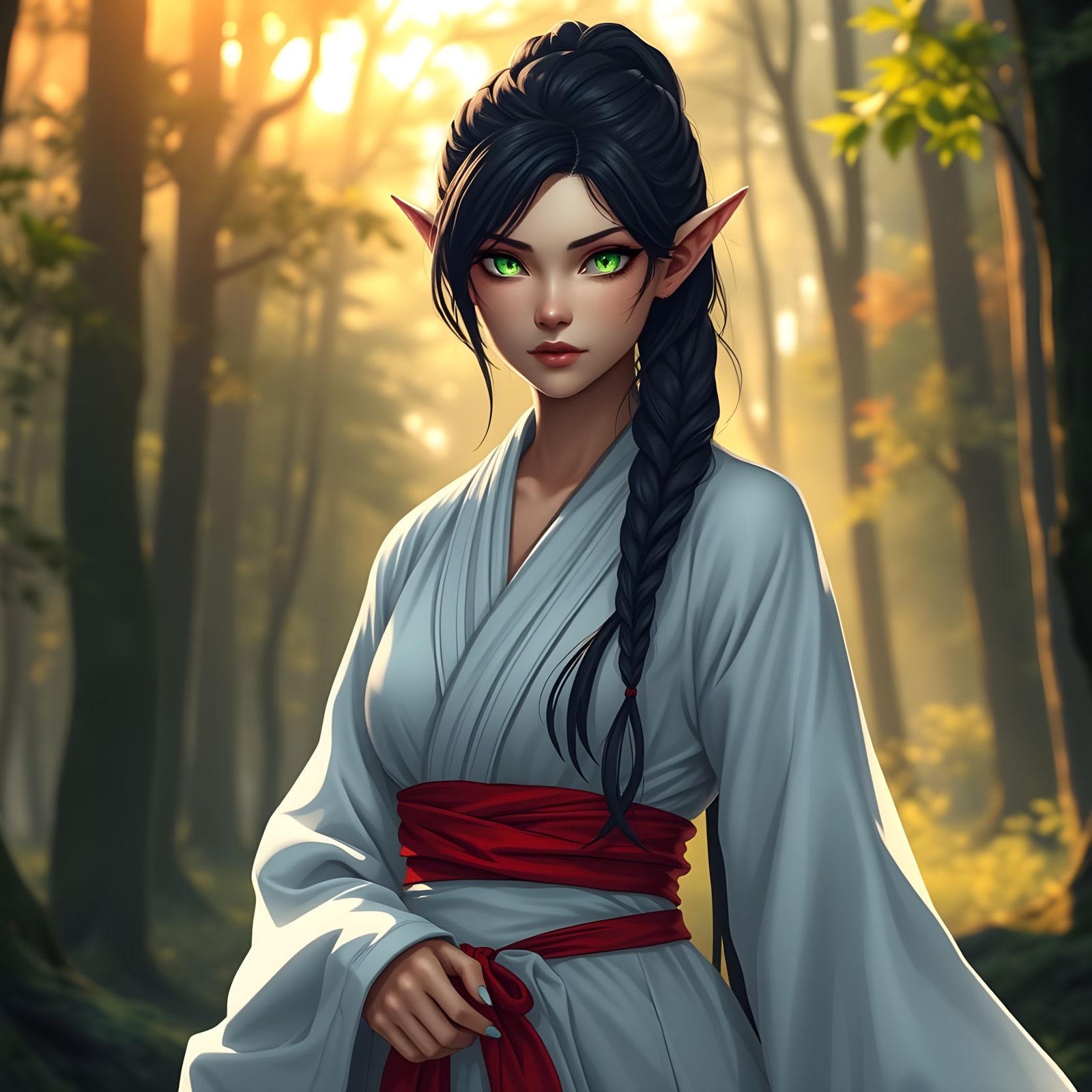 Ethereal Elven Necromancer in Anime-Inspired Cowboy Shot