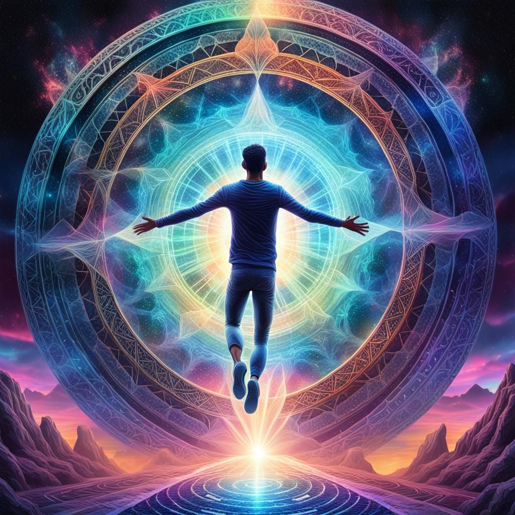 Cosmic Figure Leaps Through Stargate in Surreal Illustration