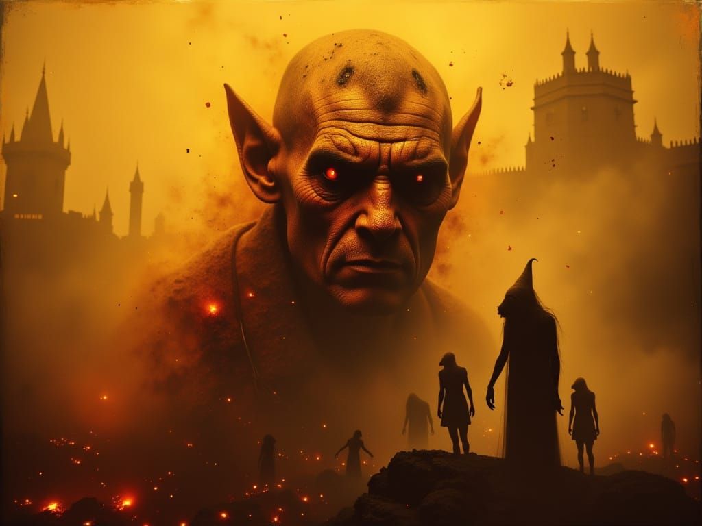 Goblins and Elves Confrontation in a Gothic Castle