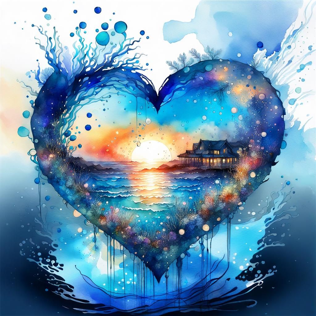 Heart Bubbles in Royal Blue Underwater Scene