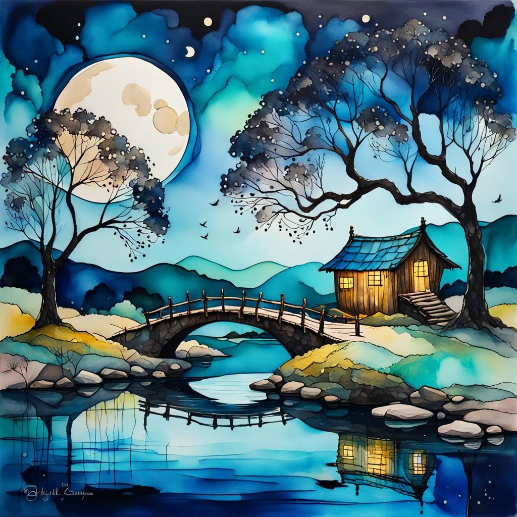 Whimsical Landscape with Bridge and Moon in Ink