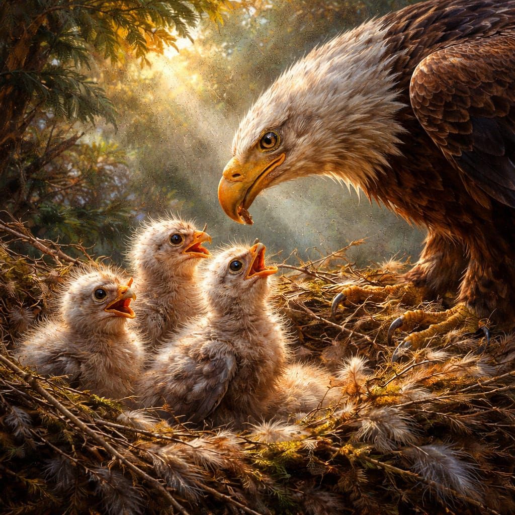 Eagle Feeds Baby Birds Oil Painting with Grunge Texture