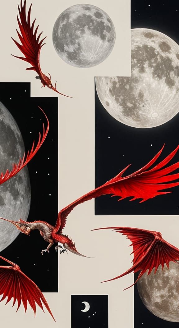 The moon and a red dragon  with flowing silk wings