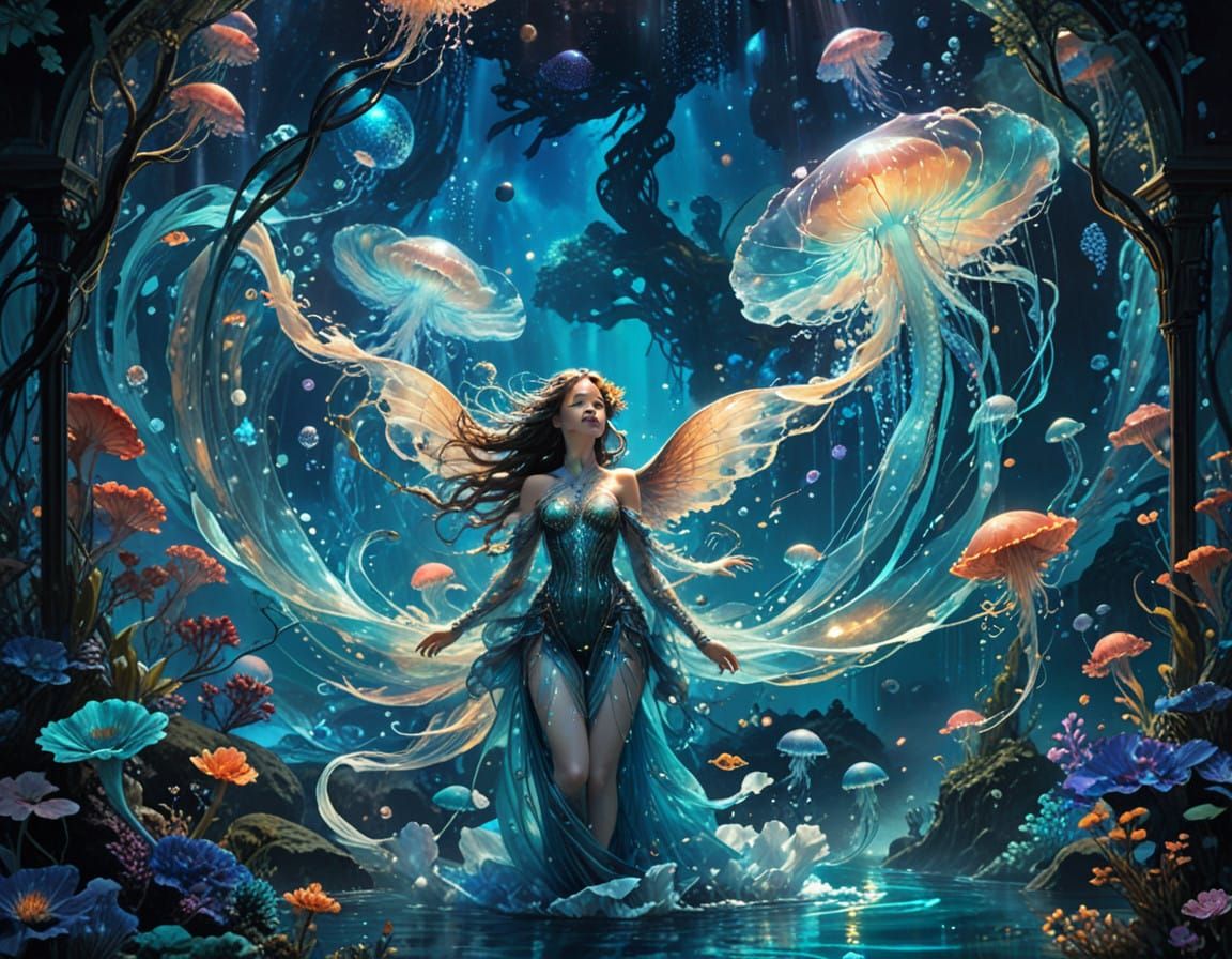 Surreal Water Nymph in Iridescent Anime Art