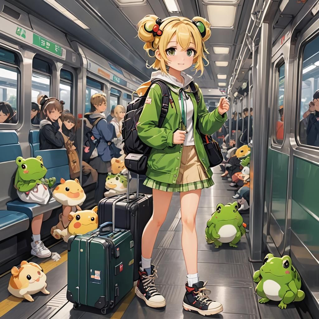 Anime Girl with Froggy Outfit Arriving by Train