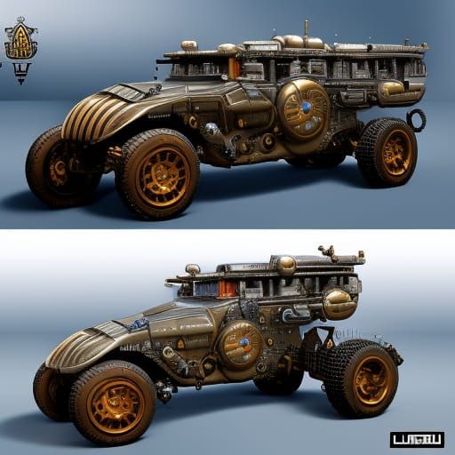Futuristic Steampunk Military Car with Big Wheels