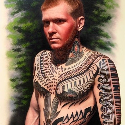 Man with Full Body Tribal Tattoo as Oil Painting