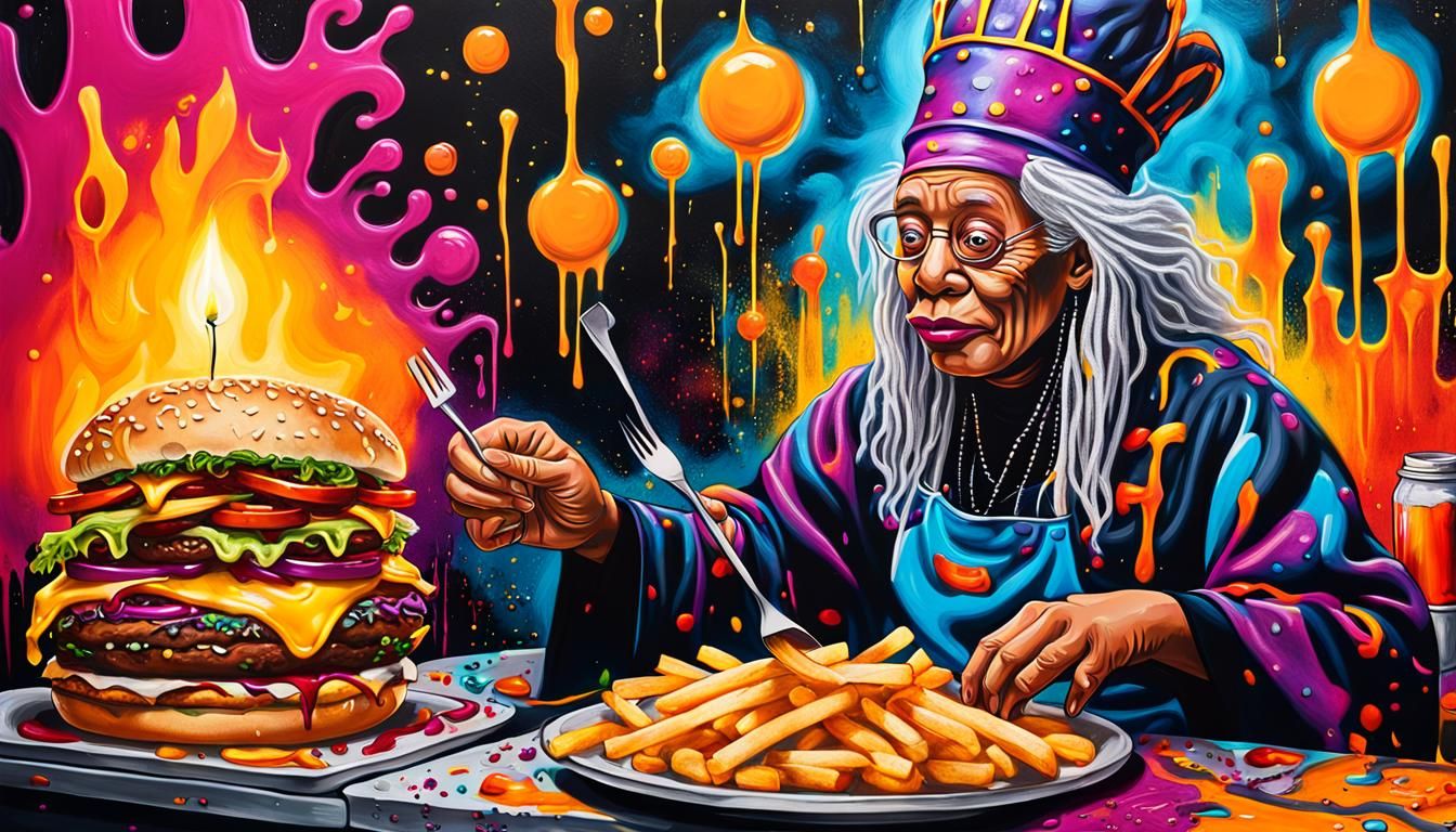 Halloween Wizard Queen Cooks Royal Burger, Airbrush Art