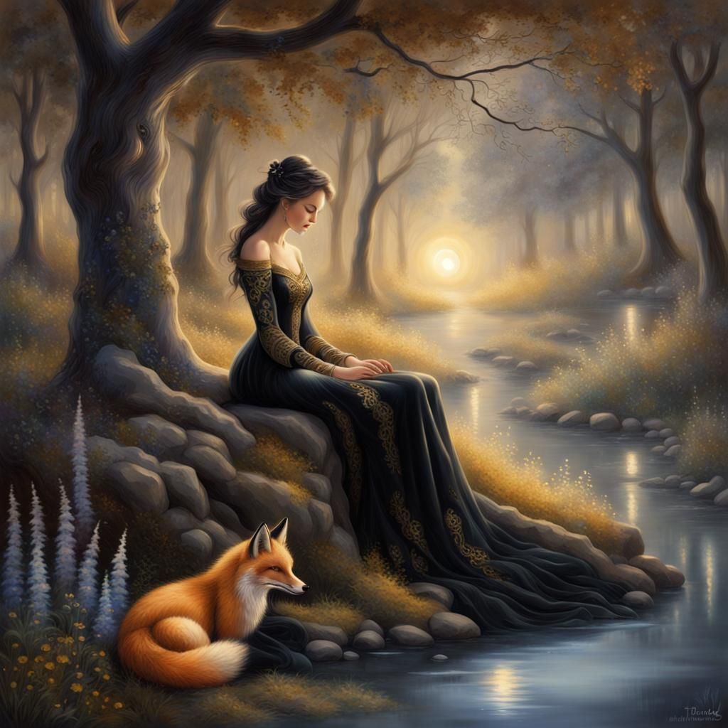 Mystic Woman with Fox in Moonlight Forest